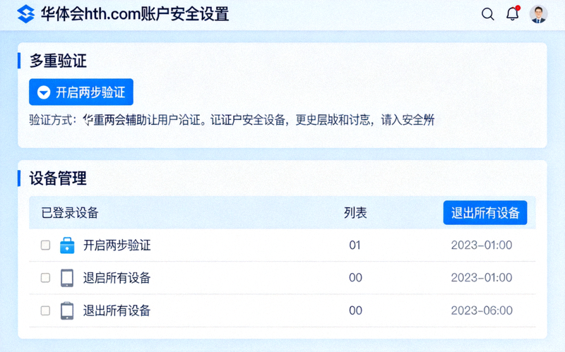 华体会hth.com账户安全设置页面演示截图，展示多重验证、设备管理等选项