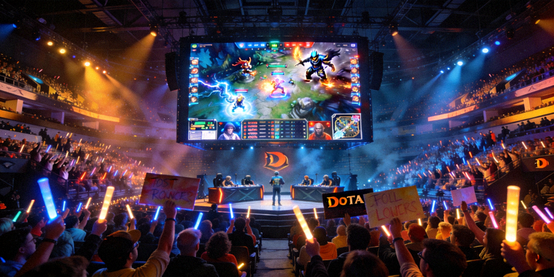 DOTA2国际邀请赛现场，观众热情高涨，大屏幕显示比赛实况
