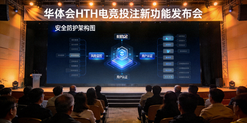华体会HTH电竞投注新功能发布会现场，大屏幕展示安全防护架构图