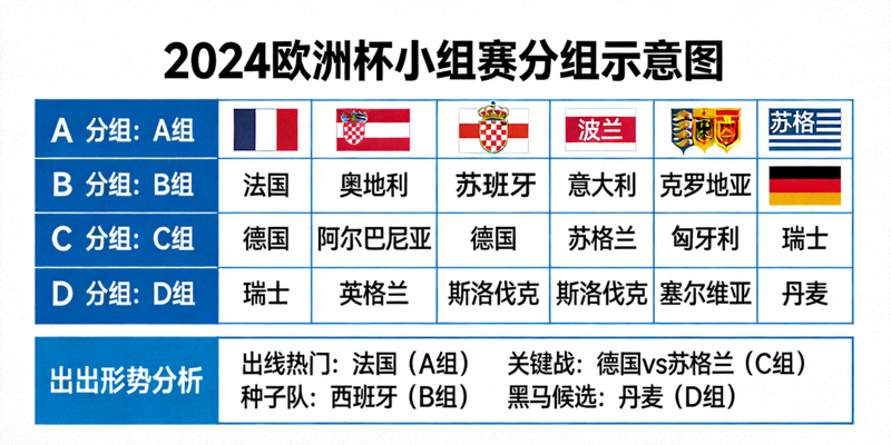 2024欧洲杯小组赛分组示意图，各队国旗与出线形势分析背景