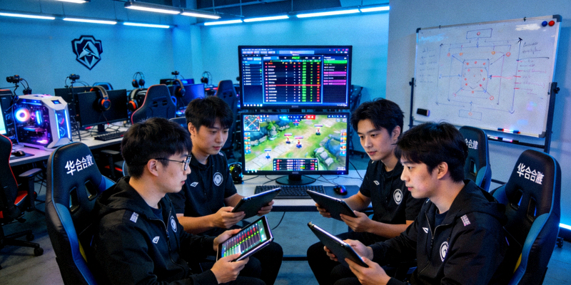 电竞选手在配备华体会数据终端的训练室中进行战术分析
