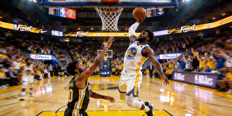 NBA总决赛激烈对抗，球员飞身扣篮瞬间
