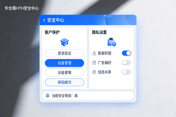华体会HTH安全中心界面，突出账户保护与隐私设置功能