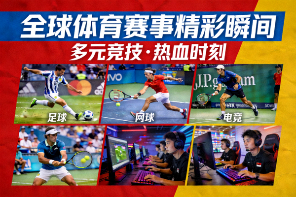 全球体育新闻拼贴图，包含足球、网球、电竞等赛事精彩瞬间
