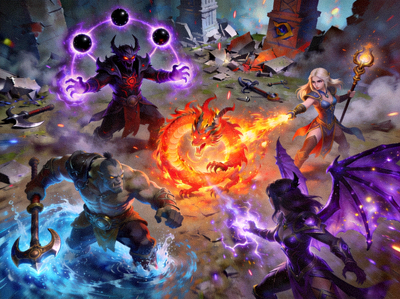 Dota2英雄艺术图，多位经典英雄在战场上释放技能，光影绚丽