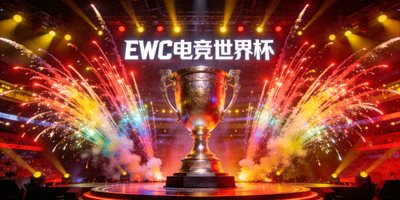 EWC电竞世界杯开幕式烟花表演，舞台中央为巨型奖杯