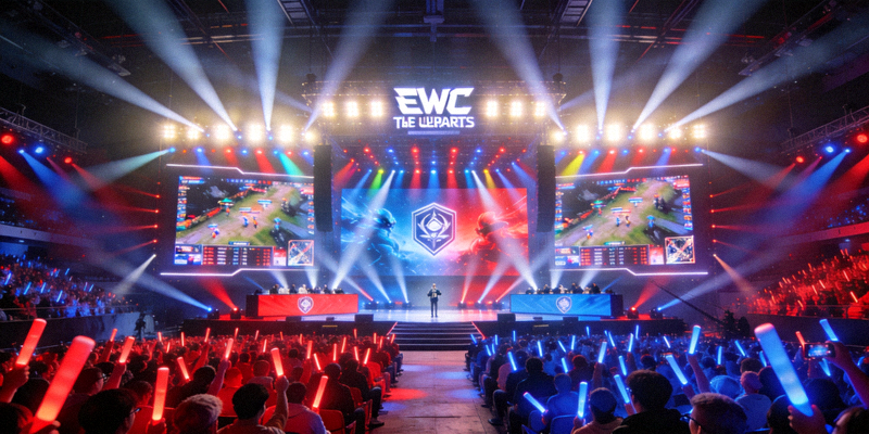 EWC电竞世界杯主舞台全景，灯光璀璨，观众席坐满热情粉丝，大屏幕显示比赛实时画面