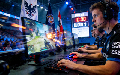 Falcons战队与Cloud9战队在CS2比赛中激烈交火，选手专注操作键盘鼠标